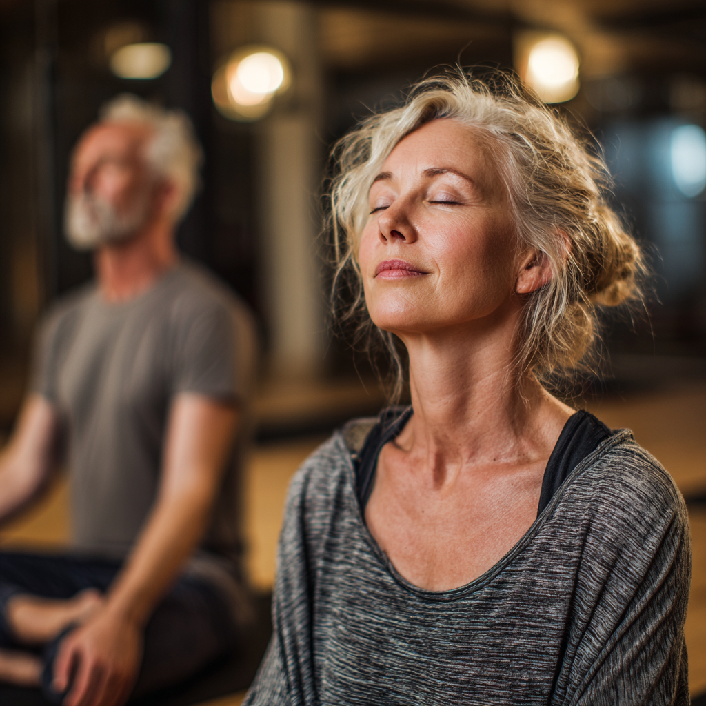 Experienced yoga instructor guiding middle-aged woman through mindful breathing practice