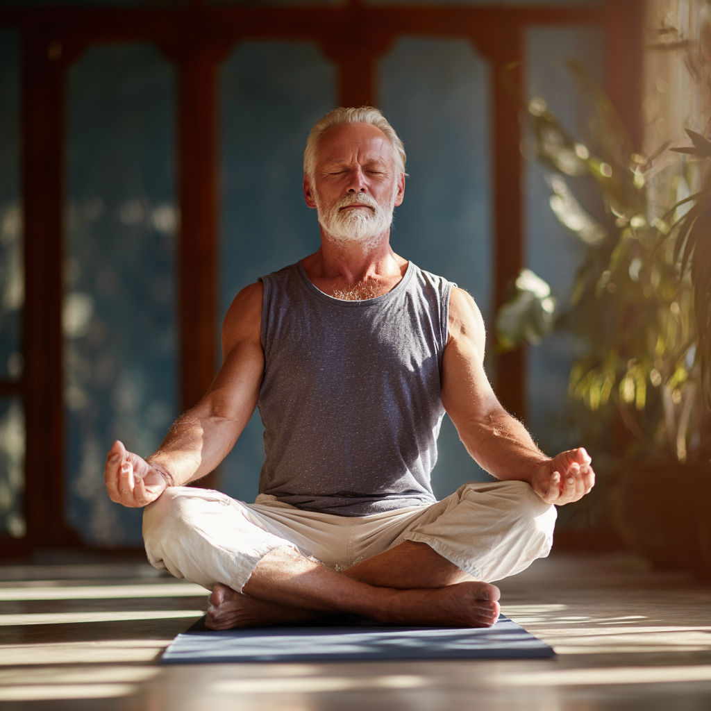 Senior man practicing yoga poses with focused concentration in natural light